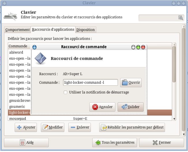Raccourcis clavier XFCE